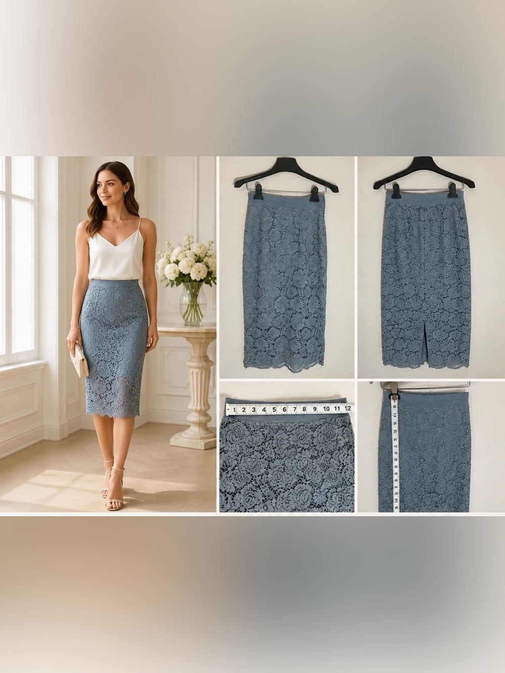 H&M Blue Gray Floral Lace Pencil Midi Skirt Women’s US 4 EU 34 Lined